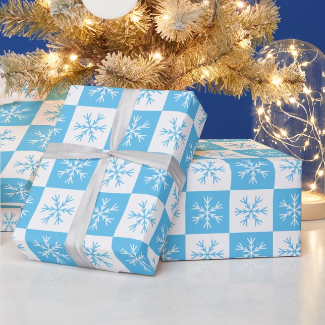 Light Blue Snowflake Checkered Pattern Holiday Wrapping Paper (Holidays)