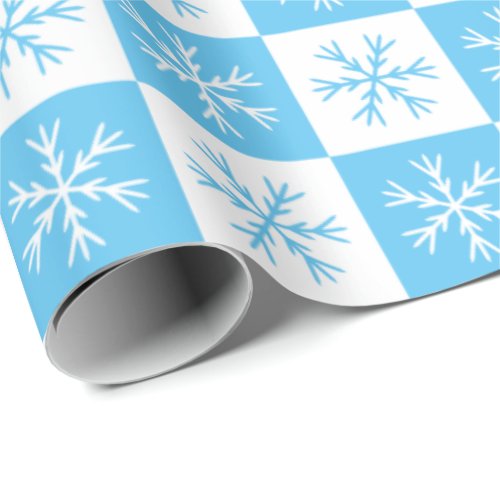 Light Blue Snowflake Checkered Pattern Holiday Wrapping Paper