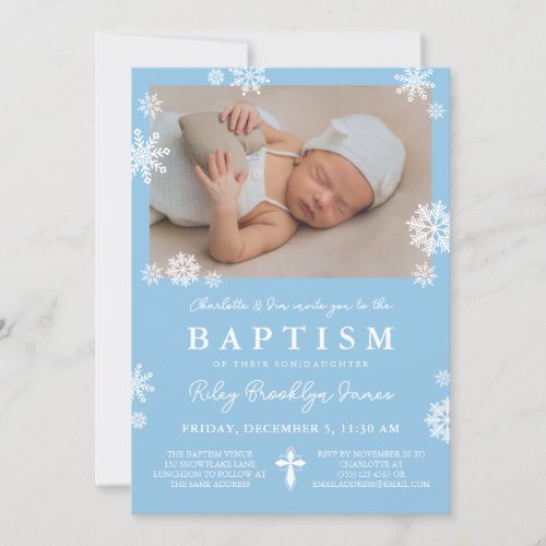 Light Blue Snowflakes Photo Winter Boy Baptism Invitation