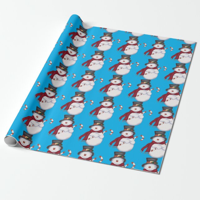 Light Blue Snowman Wrapping Paper (Unrolled)