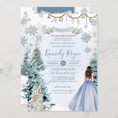 Light Blue Snowy Winter Sweet 16 Birthday Invitation