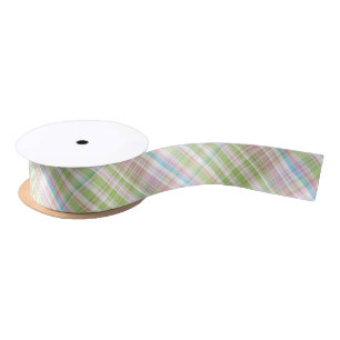 Light Blue Soft Green Pastel Pink Plaid Pattern Satin Ribbon