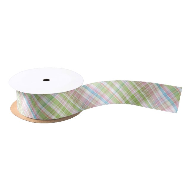 Light Blue Soft Green Pastel Pink Plaid Pattern Satin Ribbon (Spool)