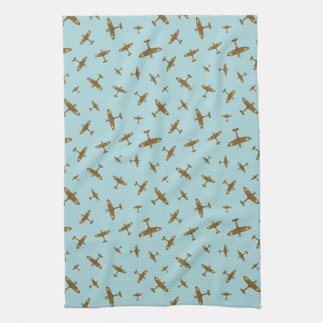 Light Blue Spitfire War Plane Patterned Kitchen Towel (Vertical)