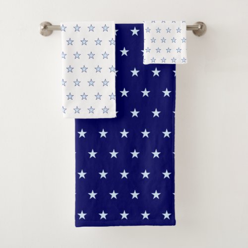 Light Blue Star Pattern on Navy Blue  White Bath Towel Set