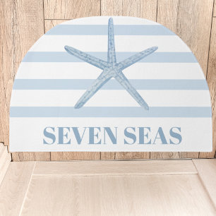 Light blue starfish stripes text coastal doormat