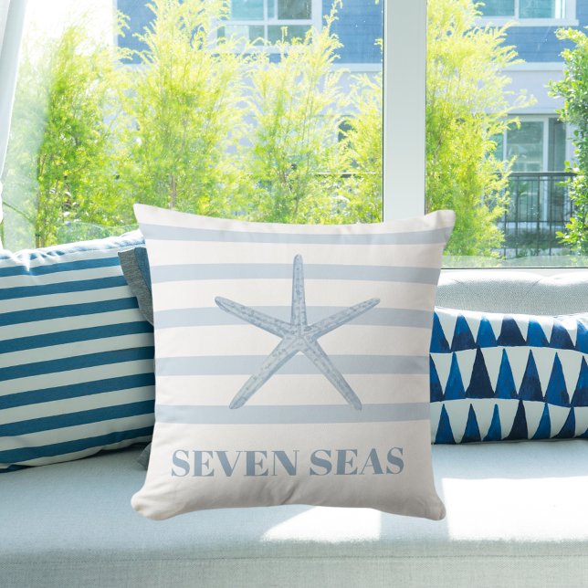Light blue starfish stripes text coastal outdoor pillow (Creator Uploaded)