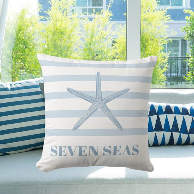 Light blue starfish stripes text coastal throw pillow (Creator Uploaded)
