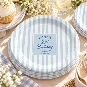 Light Blue Stripe 21st Birthday Coastal Chic Paper Plates
