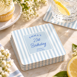 Light Blue Stripe 21st Birthday Coastal Chic Square Paper Coaster
