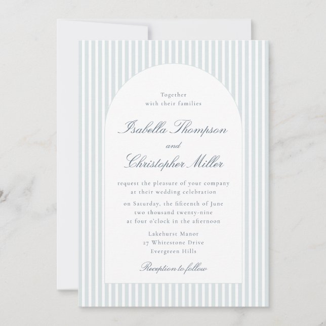 Light Blue Striped Arch Wedding Invitation (Front)