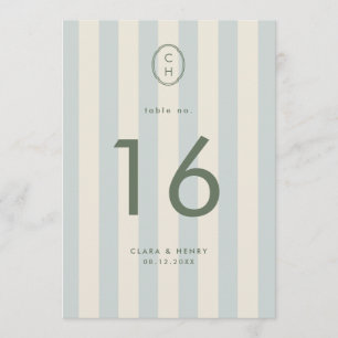 Light Blue Striped Monogram Wedding Table Number