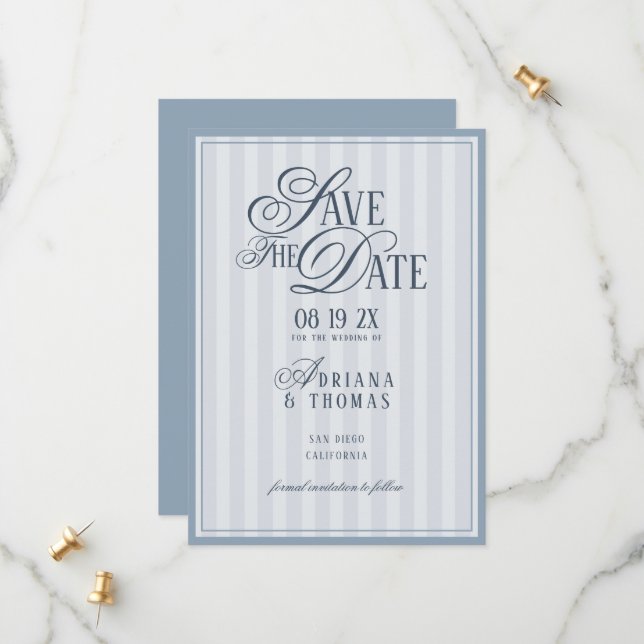 Light Blue Striped Old Money Calligraphy Wedding Save The Date (Front/Back In Situ)