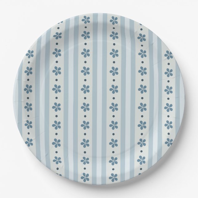 Light Blue Stripes And Flowers Paper Plates (Front)