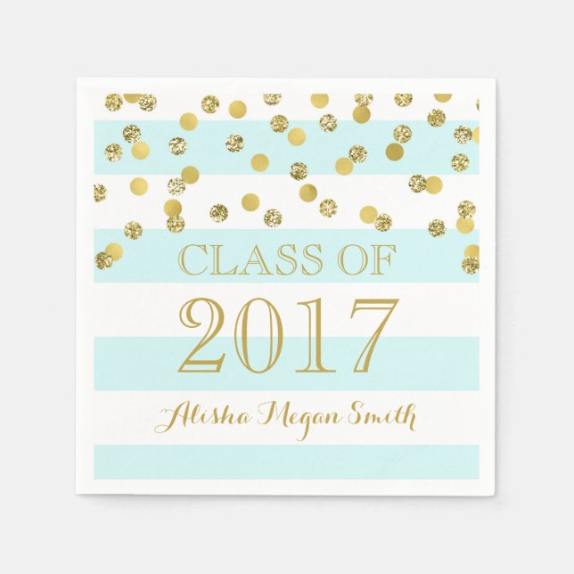 Light Blue Stripes Gold Confetti  2017 Graduation Paper Napkins (Front)
