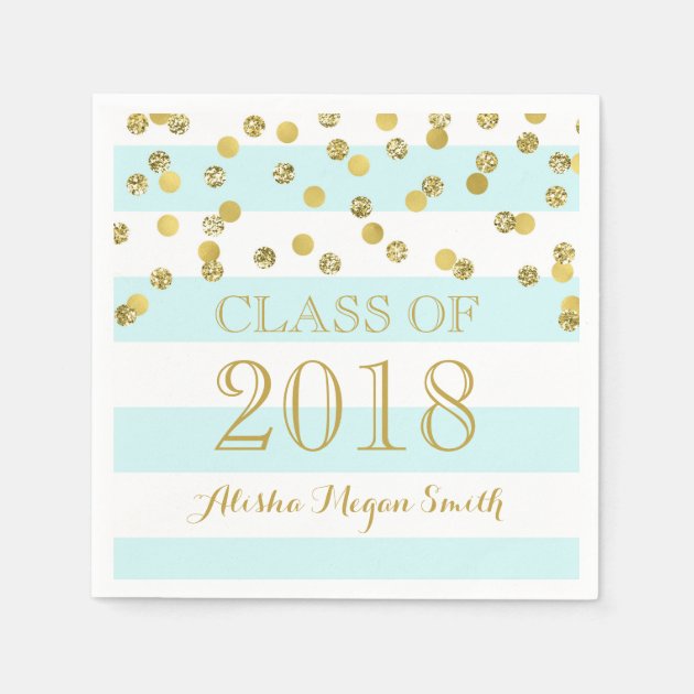 Light Blue Stripes Gold Confetti  2018 Graduation Paper Napkin