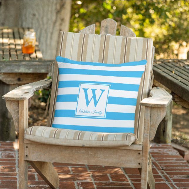 Light Blue Stripes Monogram  Outdoor Pillow (Chair)