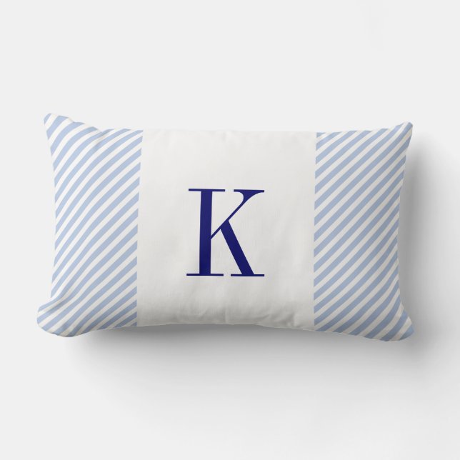Light Blue Stripes Navy Blue Monogram Lumbar Pillow (Front)