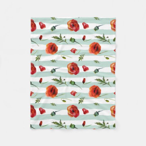 Light Blue Stripes Pattern  Red Poppies Pattern Fleece Blanket