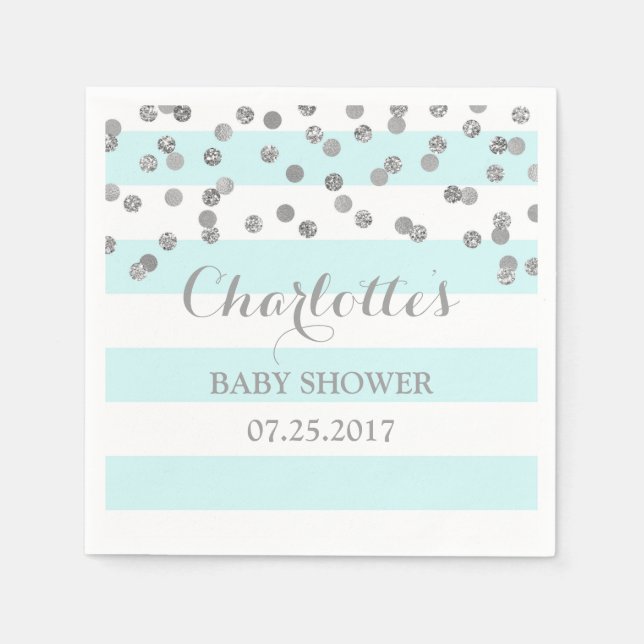 Light Blue Stripes Silver Confetti Baby Shower Paper Napkins (Front)