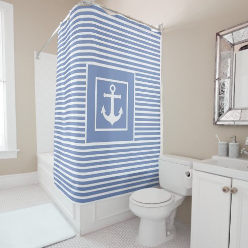Light Blue stripes  white monogram nautical anchor Shower Curtain