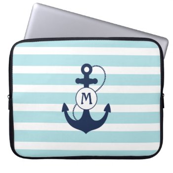 Light Blue Stripes With Anchor And Monogram Laptop Sleeve by snowfinch at Zazzle