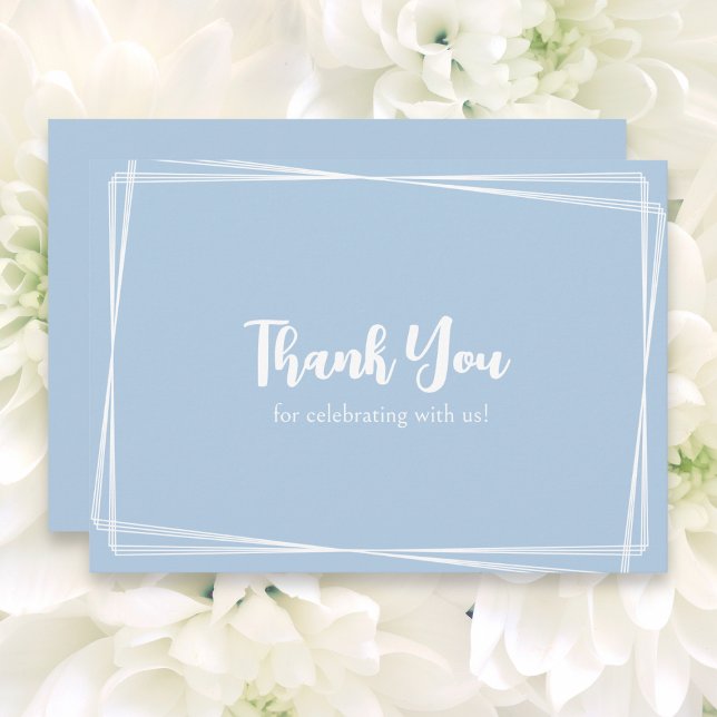 Light Blue Stylish Script Geometric Frame Wedding Thank You Card (A wedding Thank You card, in dusty blue, with elegant white border design and white typography)