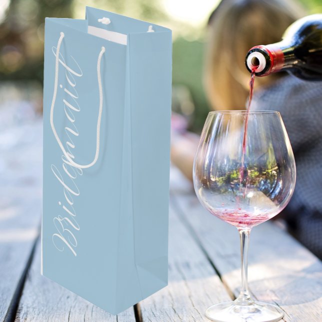 Light Blue Stylized Script Wedding Bridesmaid Wine Gift Bag (In Situ)