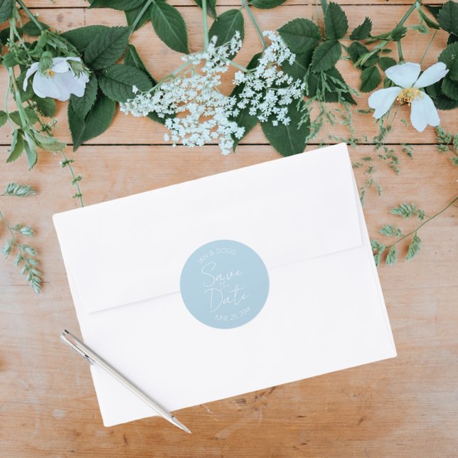 Light Blue Stylized Wedding Save the Date Classic Round Sticker (In Situ Wedding)