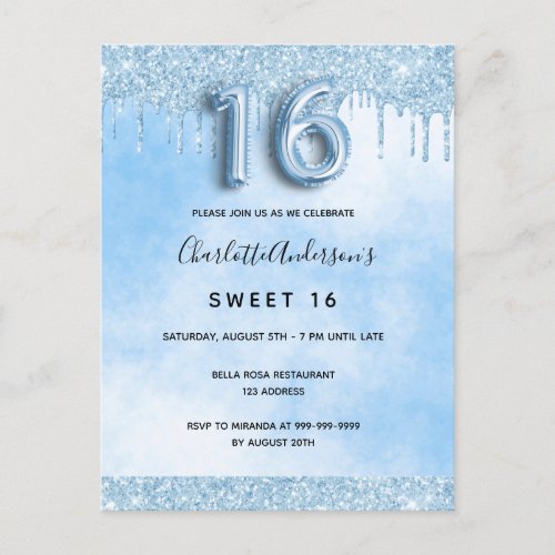 Light blue Sweet 16 16th glitter elegant luxurious Invitation Postcard