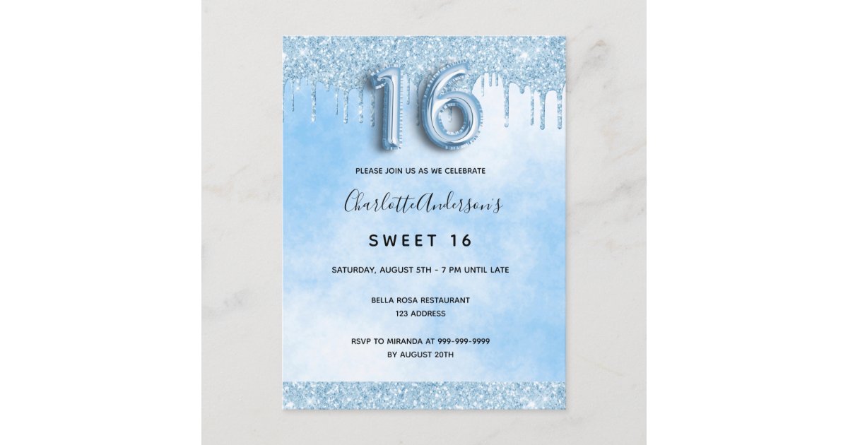 Light Blue Sweet 16 16th Glitter Elegant Luxurious Invitation Postcard