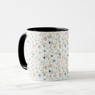 Light Blue Tan Watercolor Floral Pattern Poppies Mug