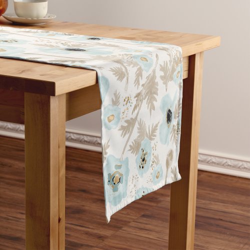 Light Blue Tan Watercolor Floral Pattern Poppies Short Table Runner