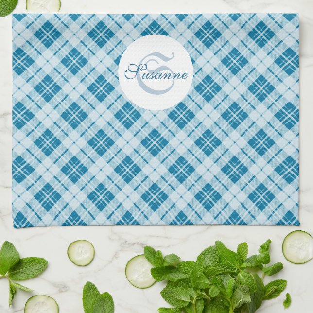 Light Blue tartan Christmas pattern Monogram Kitchen Towel (Folded)