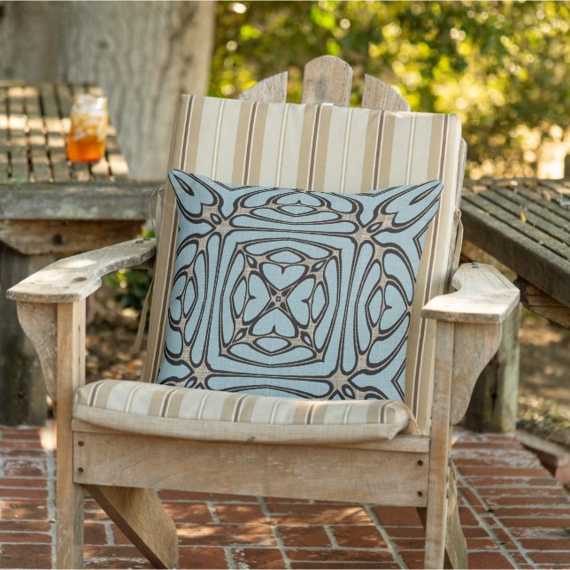 Light Blue Taupe Beige Brown Black Tribal Art Outdoor Pillow (Chair)
