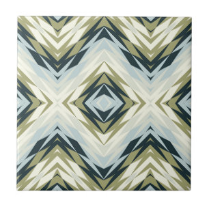 Light Blue Teal Olive Green White Ethnic Tribe Art Ceramic Tile