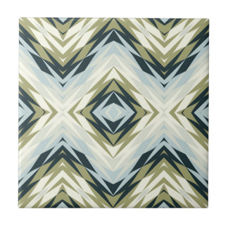 Light Blue Teal Olive Green White Ethnic Tribe Art Ceramic Tile