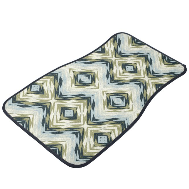 Light Blue Teal Olive Green White Tribal Art Car Floor Mat (Angled)