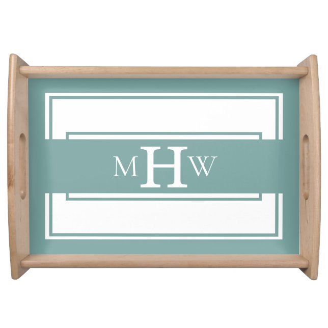 Light Blue Teal & White Modern Lines Monogram Serving Tray (Front)