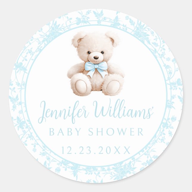 Light blue teddy bear baby boy shower stickers (Front)