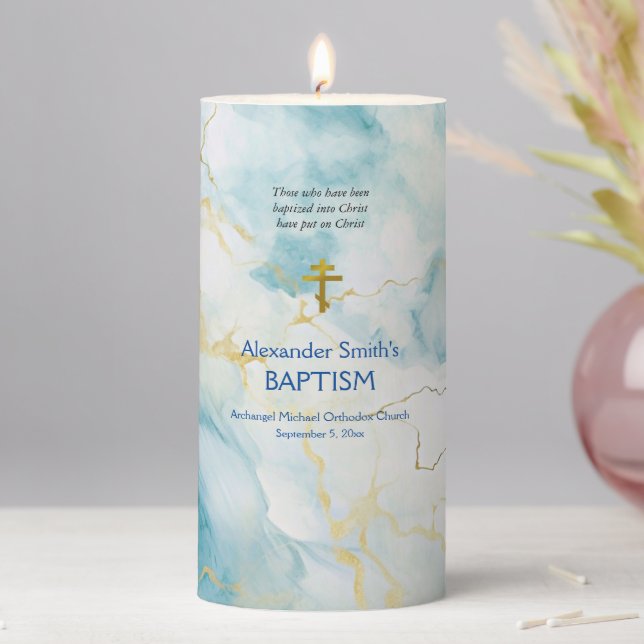 Light Blue Textured Background Baptism Orthodox Pillar Candle (In Situ)