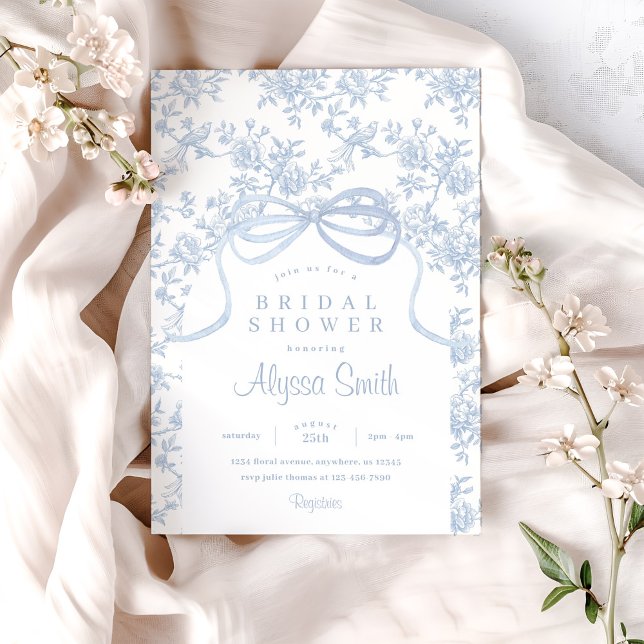 Light Blue Toile and Bow Bridal Shower Invitation (Creator Uploaded)