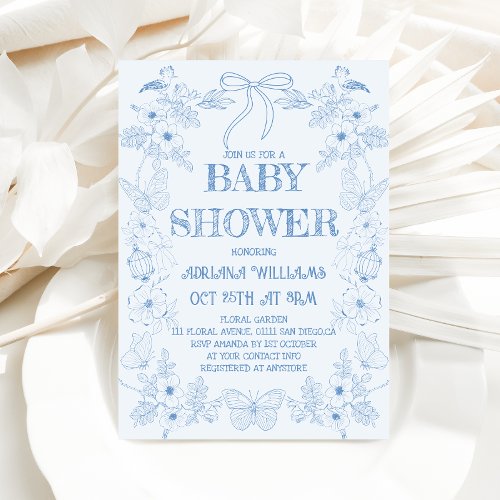 Light Blue Toile Bow Boy Baby Shower Invitation