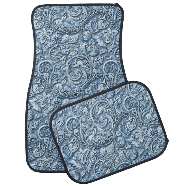 Light blue tooled leather car floor mat (Set)