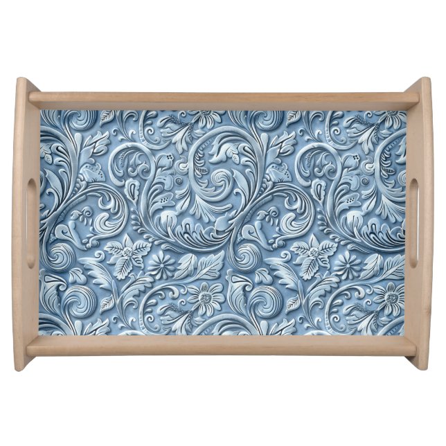 Light blue tooled leather floral serving tray (Front)