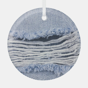 Light Blue Torn Jeans Texture Glass Ornament