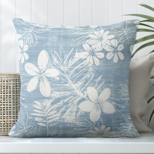 Light Blue Tropical Flowers Throw Pillow