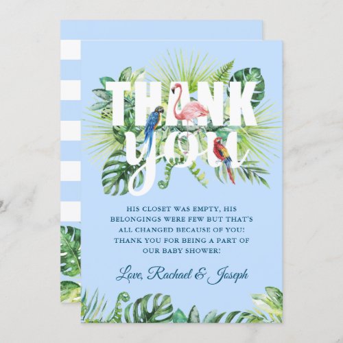 Light Blue Tropical Leaves Flamingo Baby Shower Thank You Card