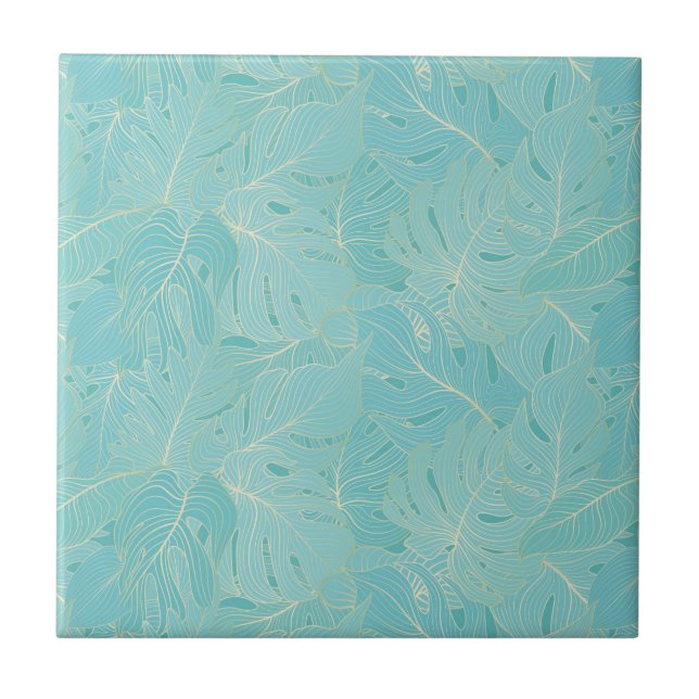 Light blue tropical palm leaves luxury pattern ceramic tile (Front)
