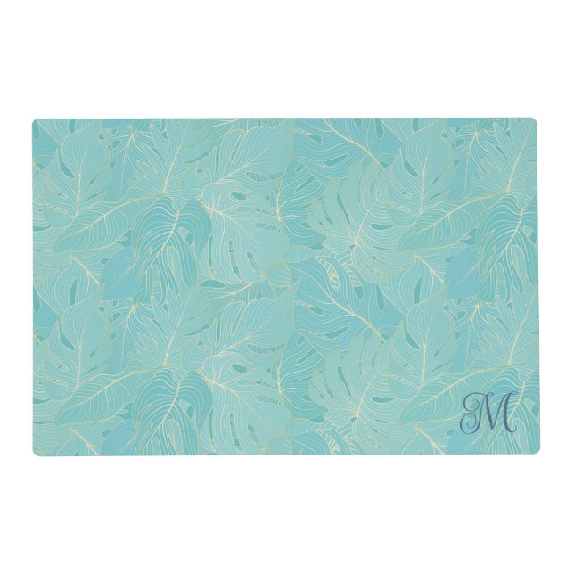 Light blue tropical palm leaves luxury pattern placemat (Front)